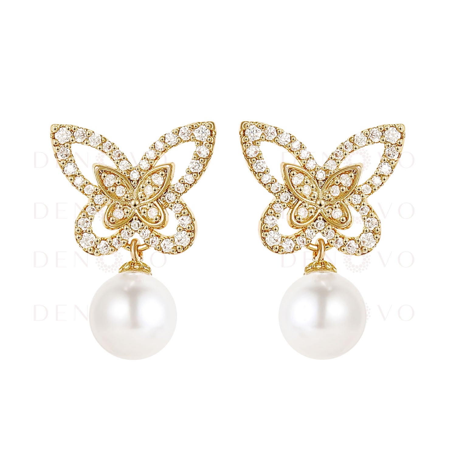 A pair of 18K gold-plated pearl drop earrings with zircon stones and mother-of-pearl accents.