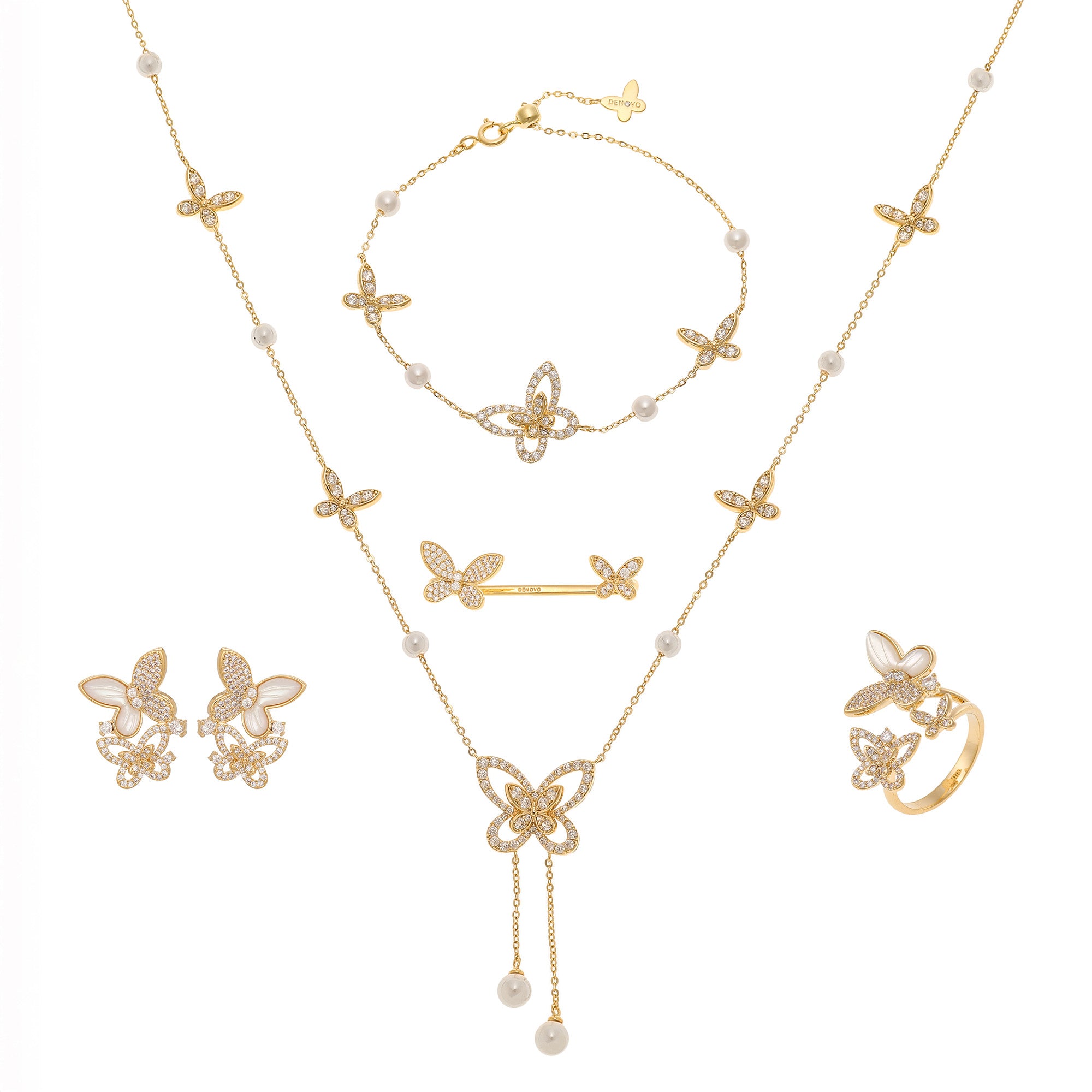 Gold butterfly-themed jewelry set including necklace, earrings, and ring on a white background