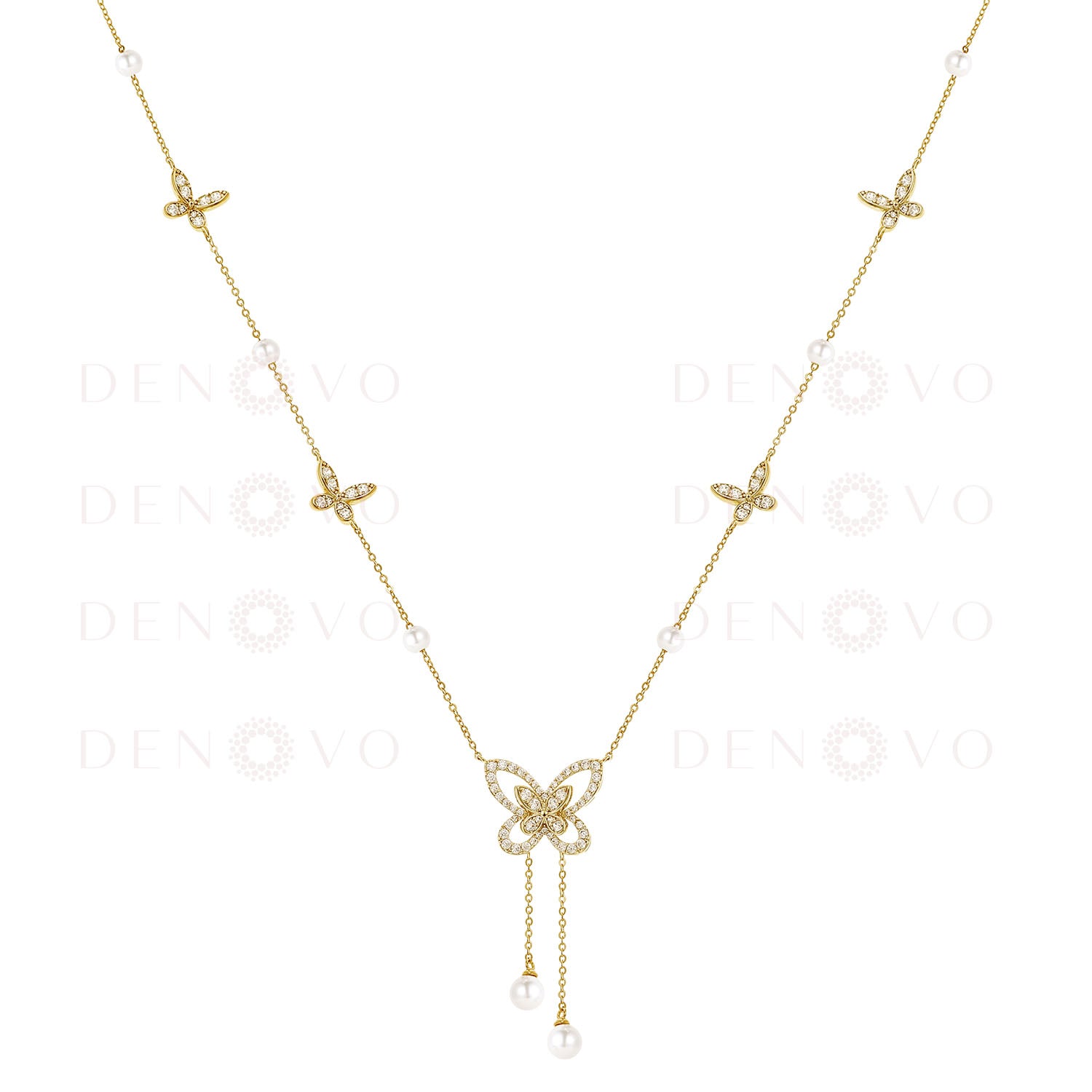 An 18K gold plated necklace with zircon stones and mother pearl stones, featuring a delicate butterfly design.