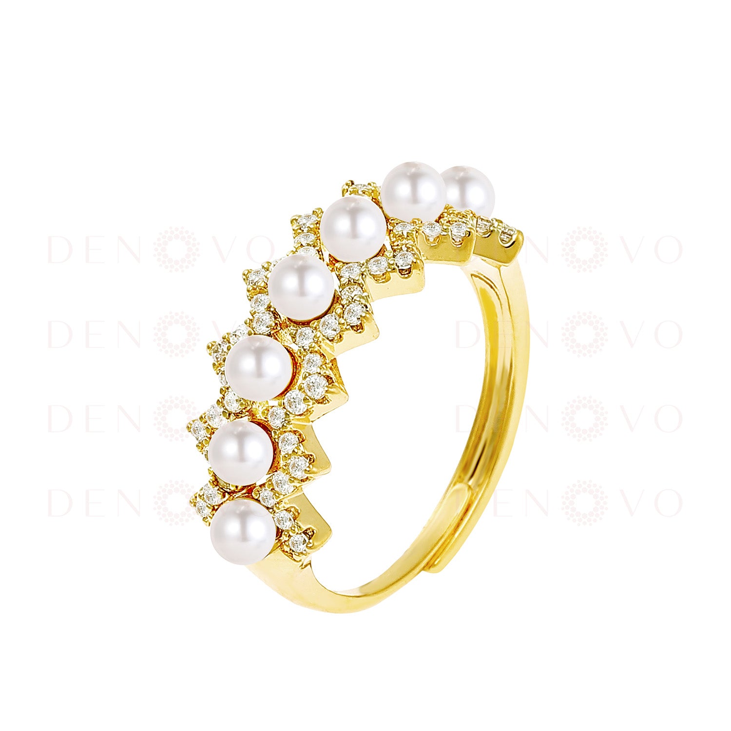 Gold ring with pearls and small diamonds on a white background