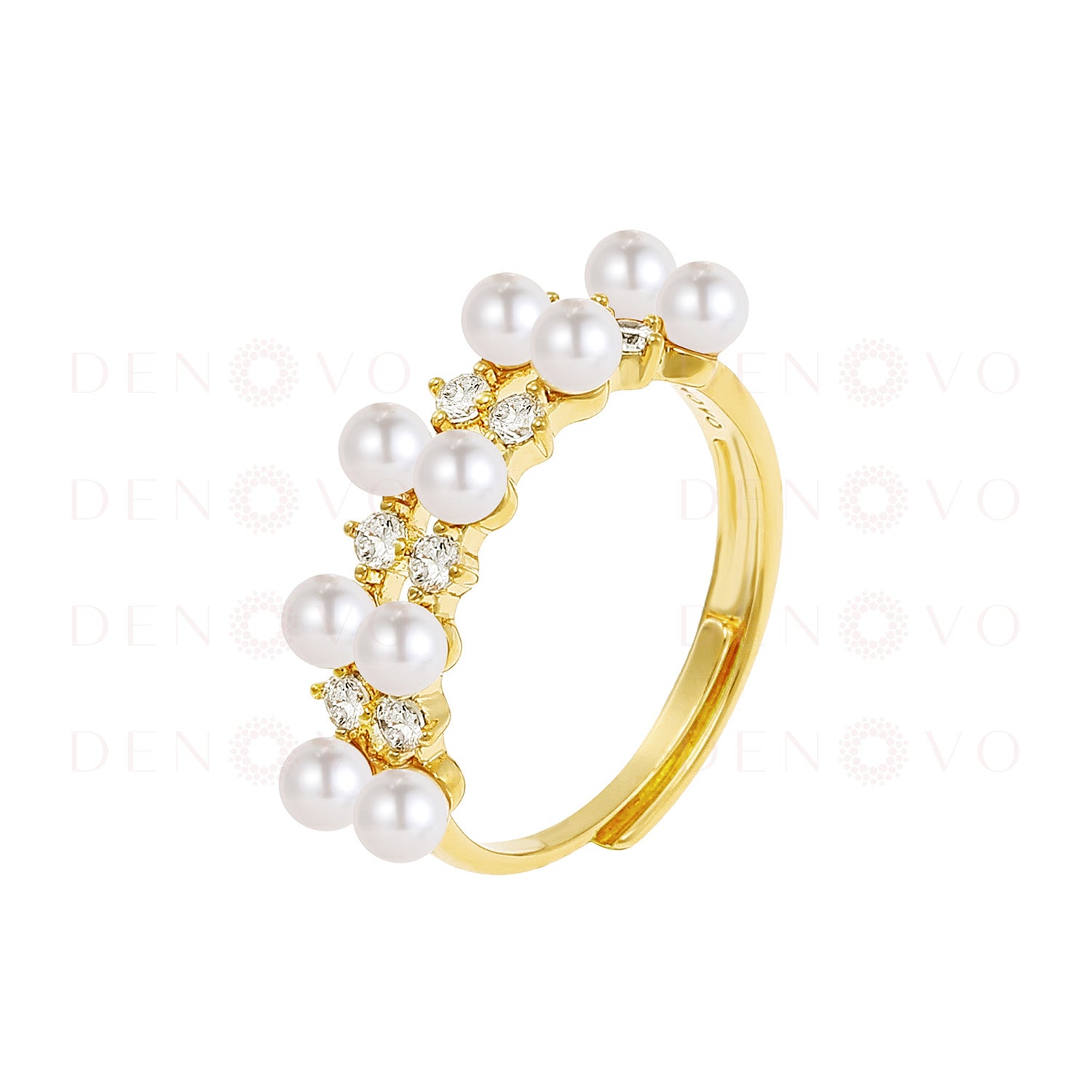 Gold ring with pearls and small diamonds on a white background