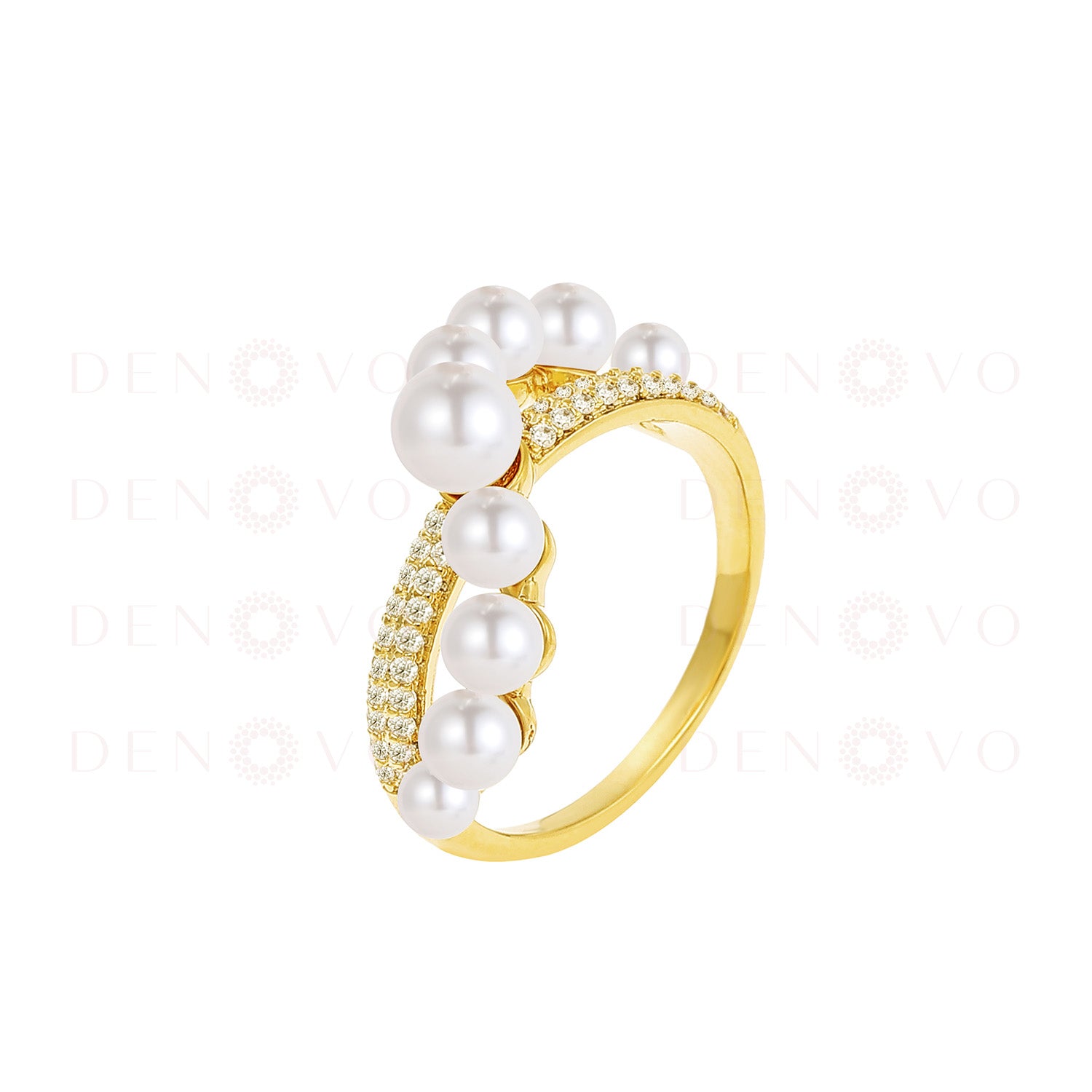 Gold ring with pearls on a white background
