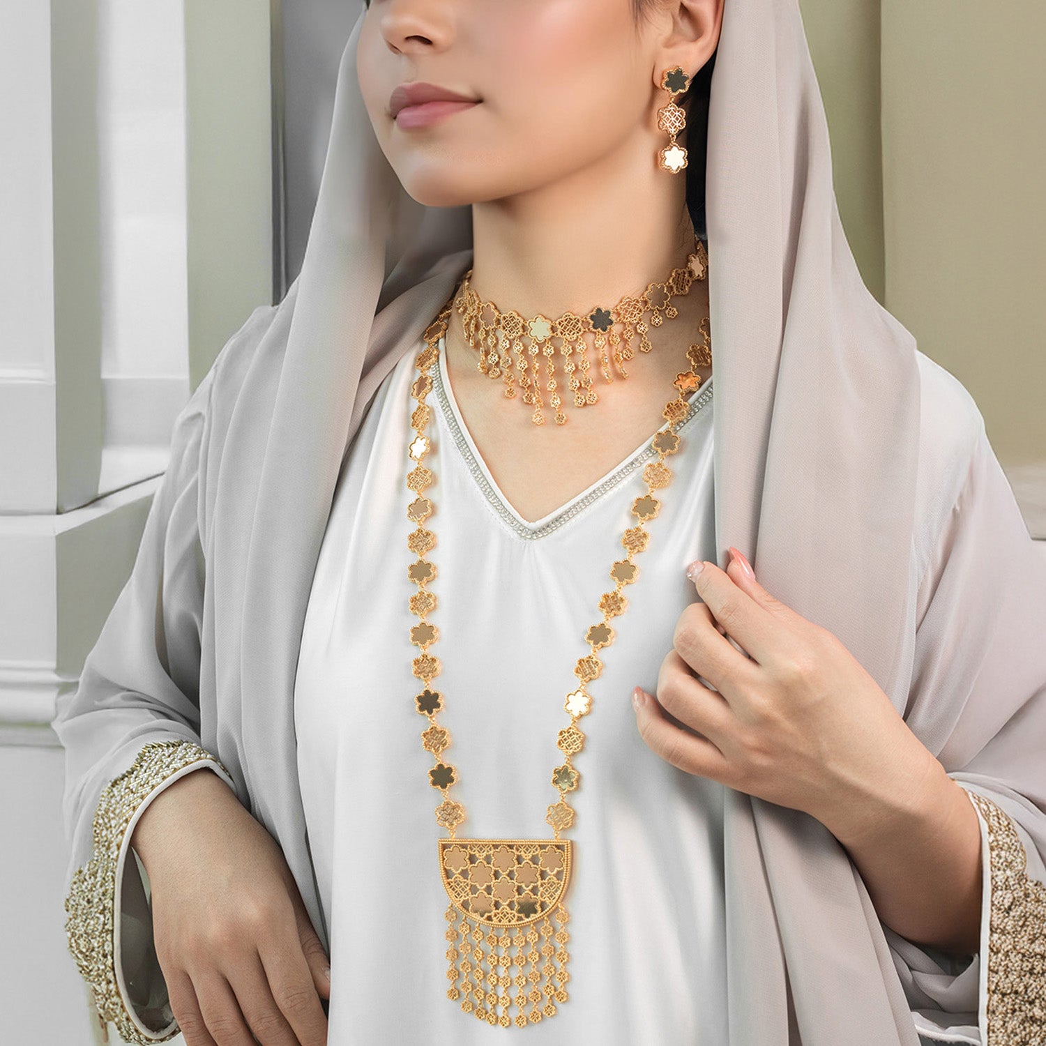 Blossom Golden Long Chain Set – Denovo Jewels - Main Image