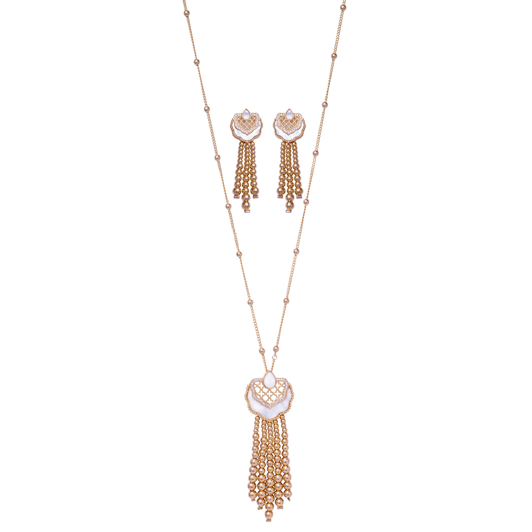 A set of gold-plated jewelry including a long chain necklace with a heart-shaped pendant and round stones, along with matching earrings.