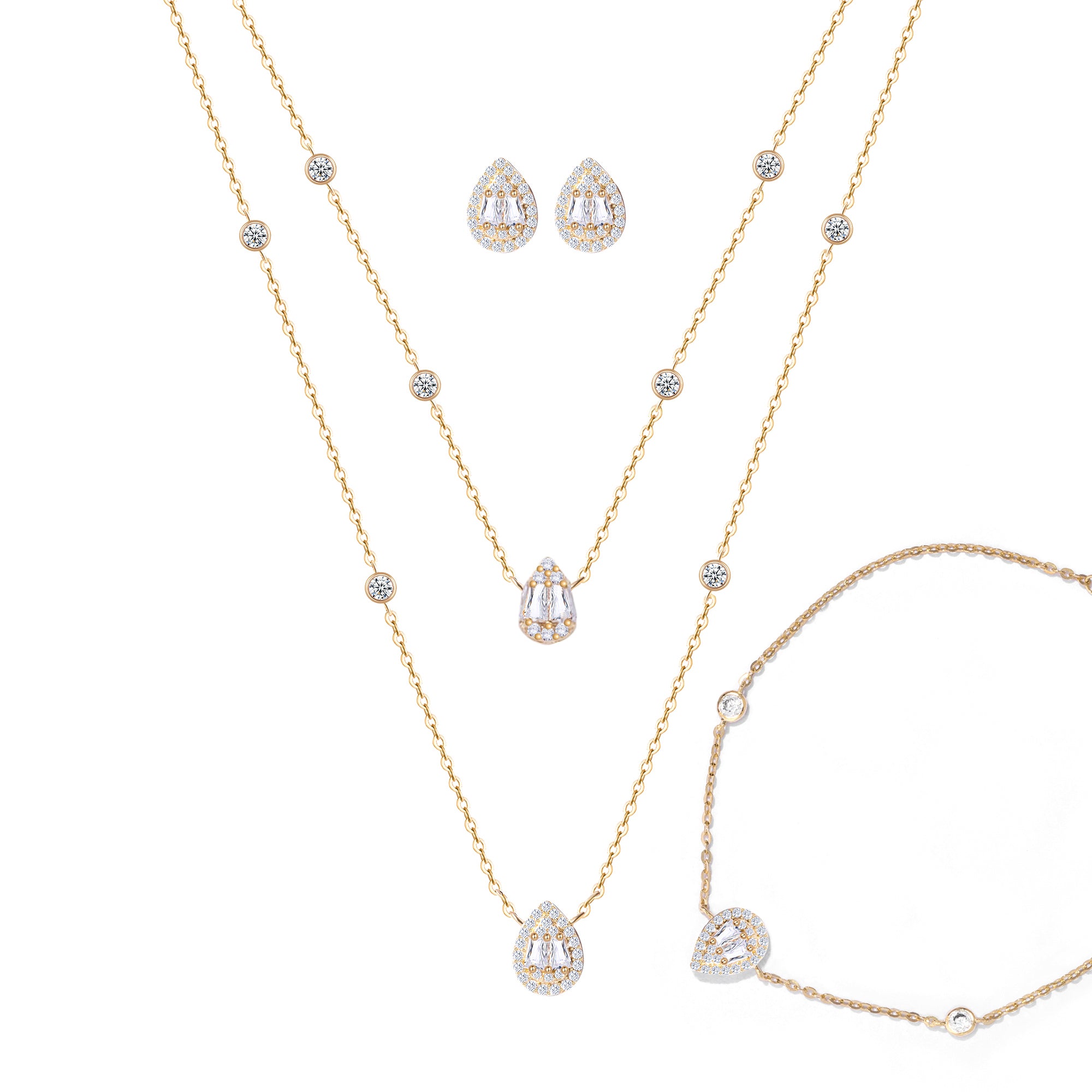 A set of sterling silver jewelry including a necklace, earrings, and bracelet with gold-tone accents and clear stones.