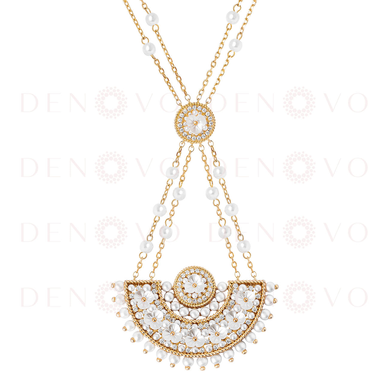 An 18K gold plated necklace with zircon stones and mother pearl stones, featuring a detailed circular design at the top and an arch-shaped pendant with zircon stones.