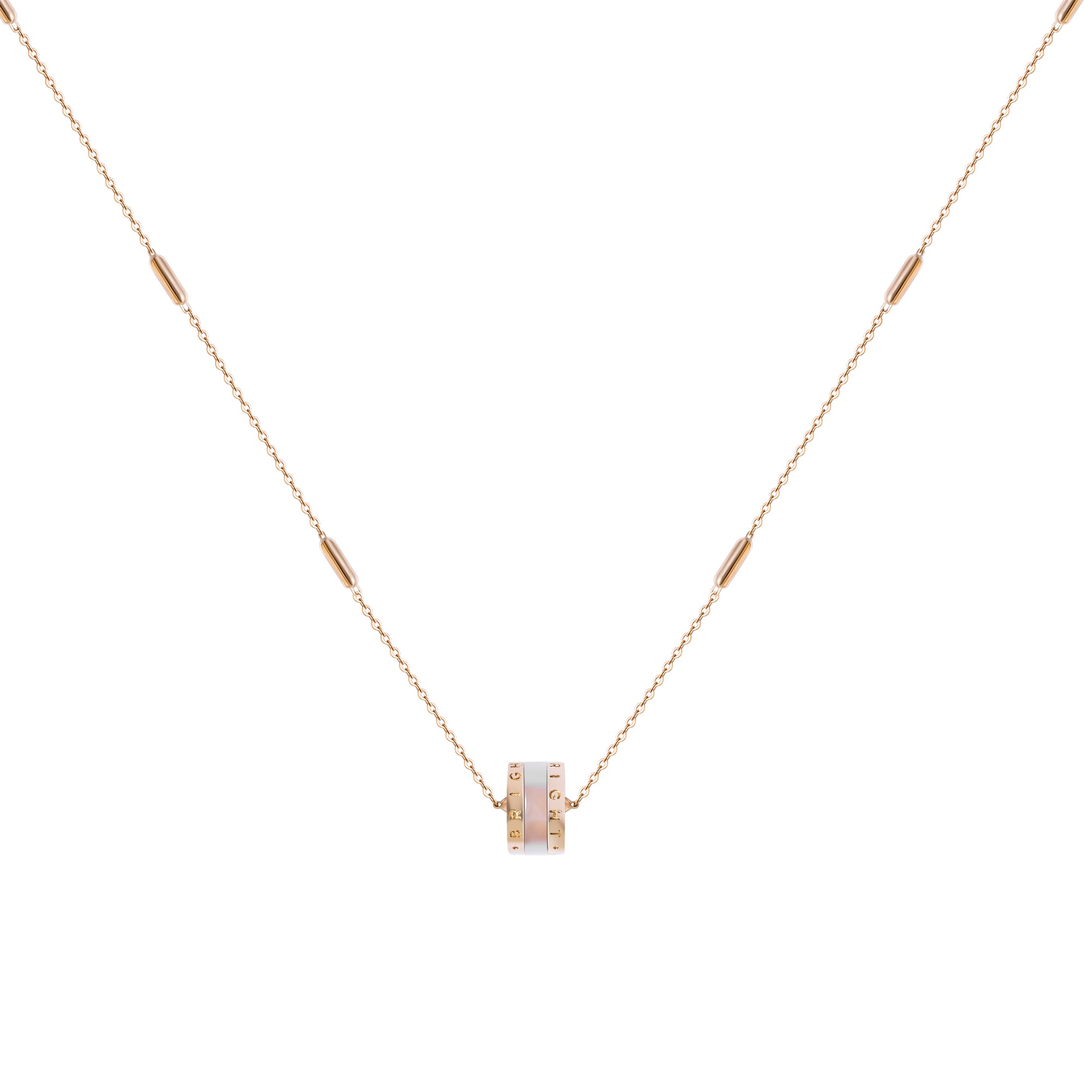 A necklace with a gold-plated chain and a rectangular pendant featuring a combination of zircon stones and a mother pearl stone.