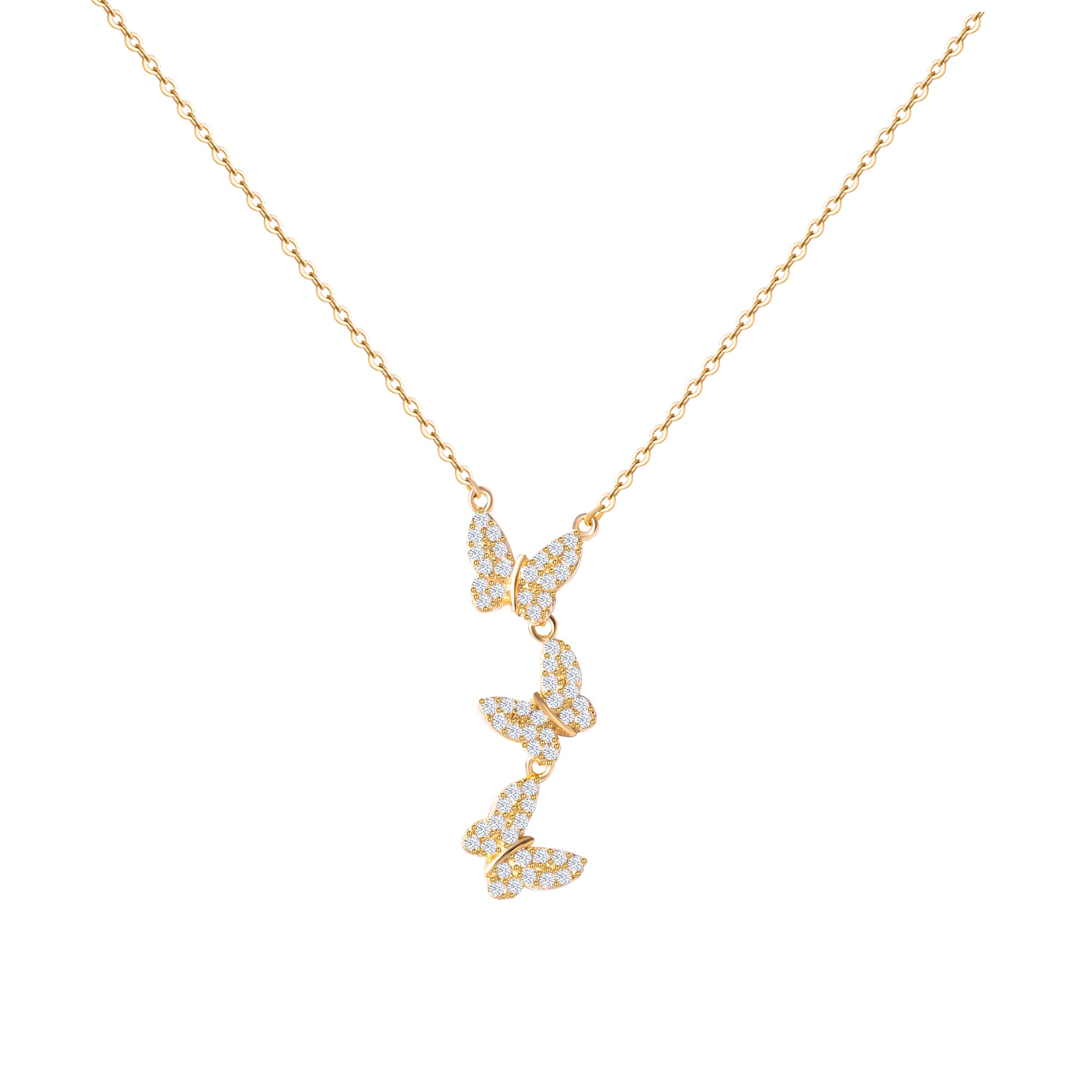 A gold-plated sterling silver necklace featuring a trio of butterfly-shaped charms with zircon stones.