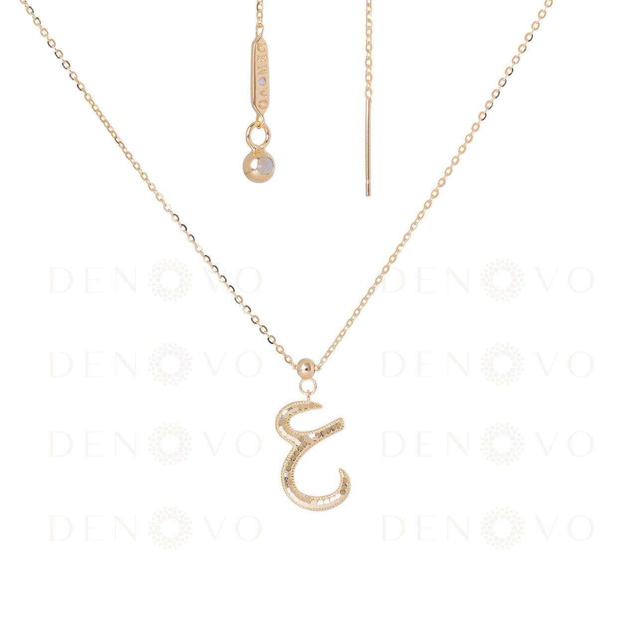 Gold necklace with a letter 'E' pendant on a white background