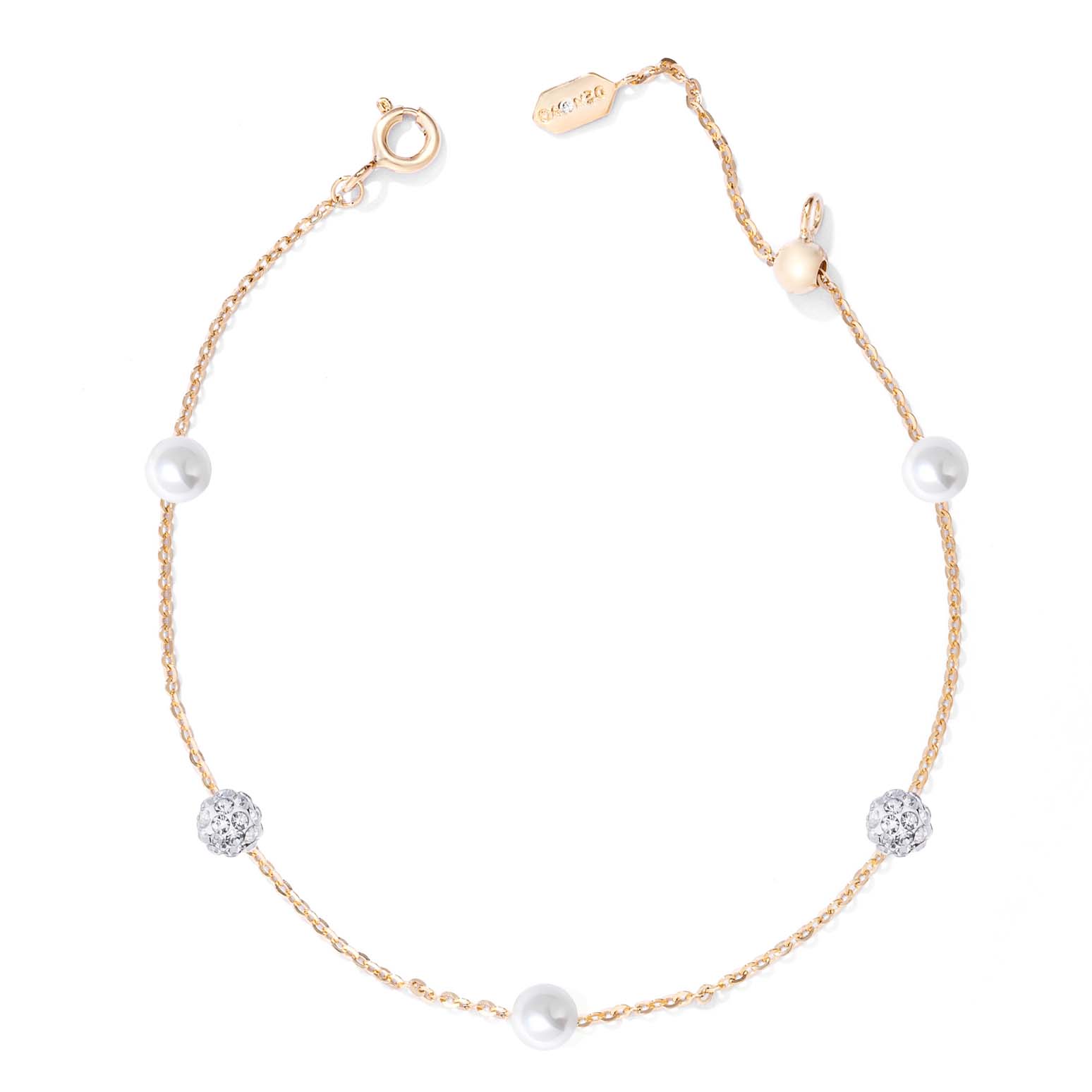 A bracelet with gold and silver colors, featuring faux pearls and zircon stones on a chain link design.