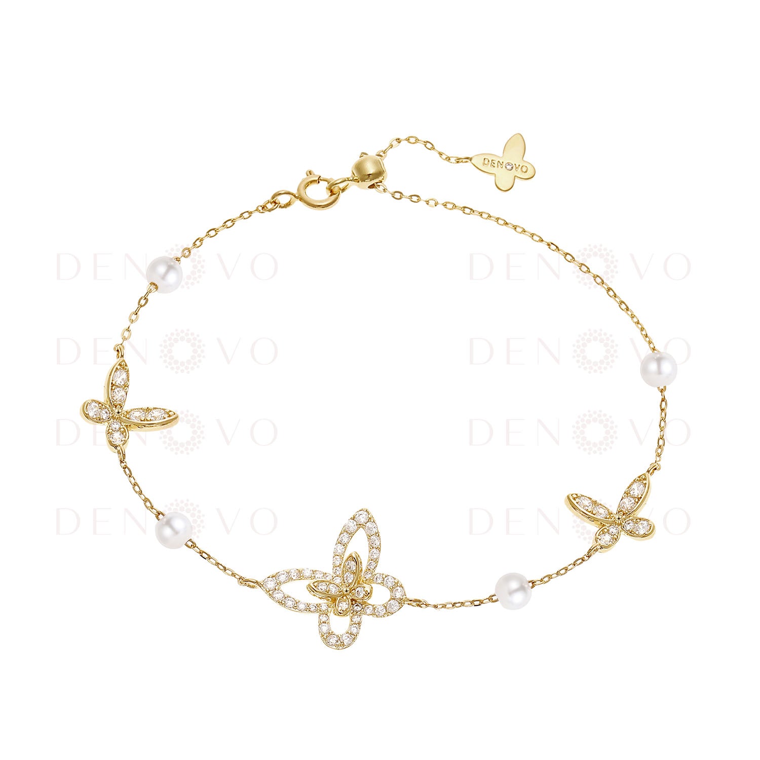 A gold-plated bracelet with zircon stones and mother pearl stones, featuring a chain design.