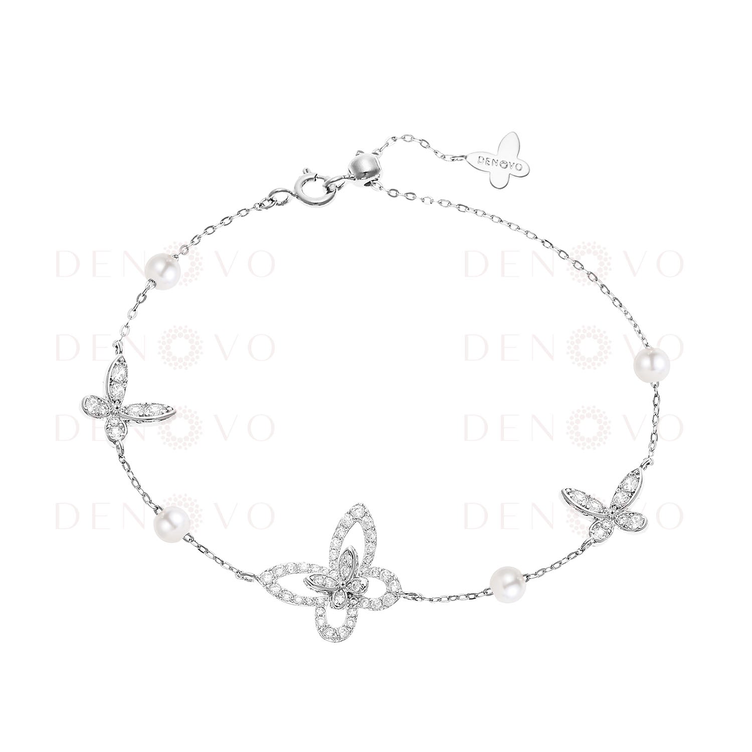 A silver-plated bracelet with zircon stones and mother pearl stones, featuring a chain design.