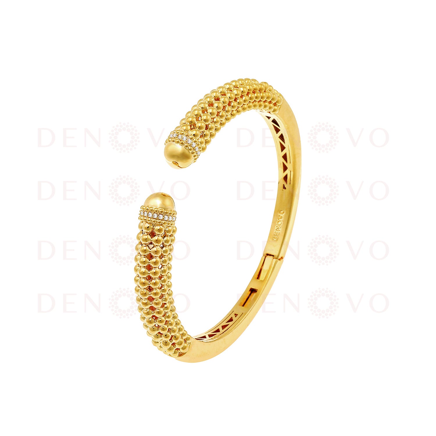 Gold bracelet with textured design on a white background