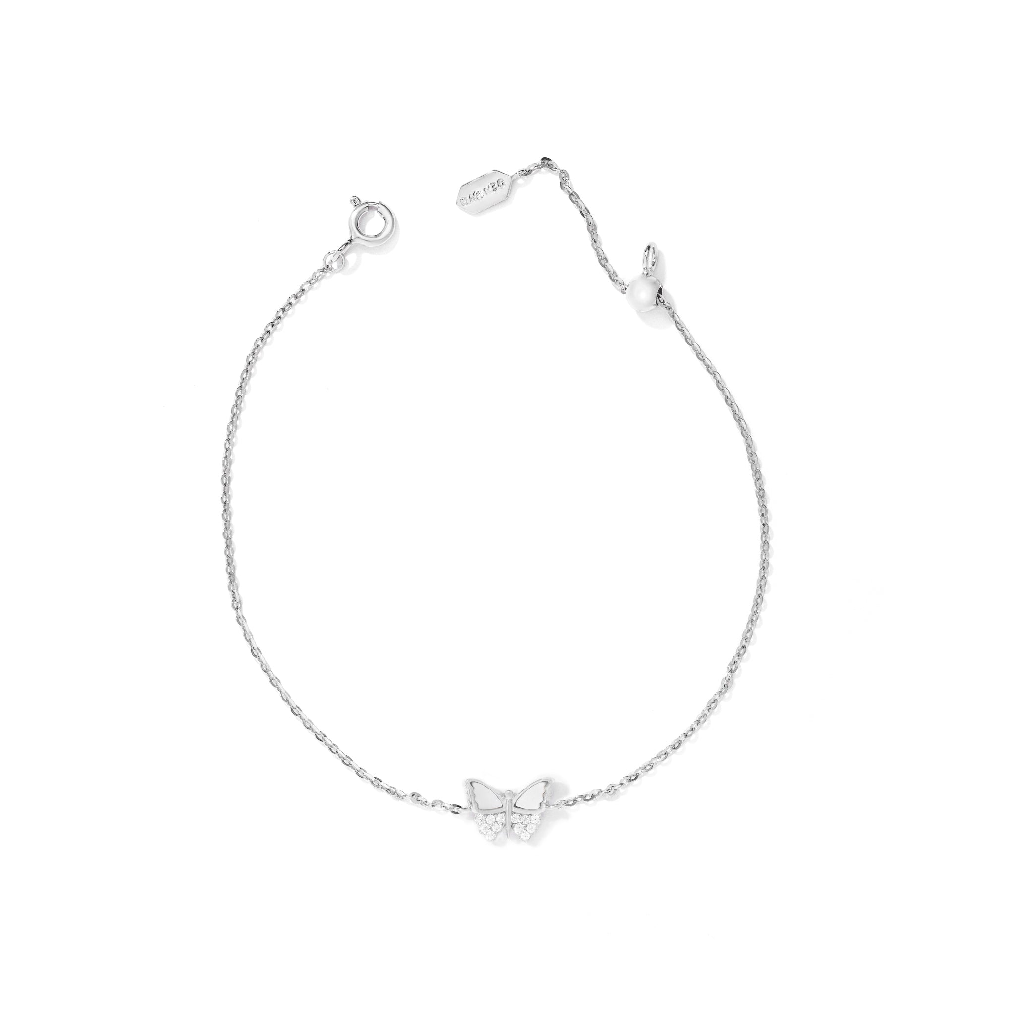 sterling silver bracelet featuring a butterfly charm with zircon stones and a mother pearl stone.