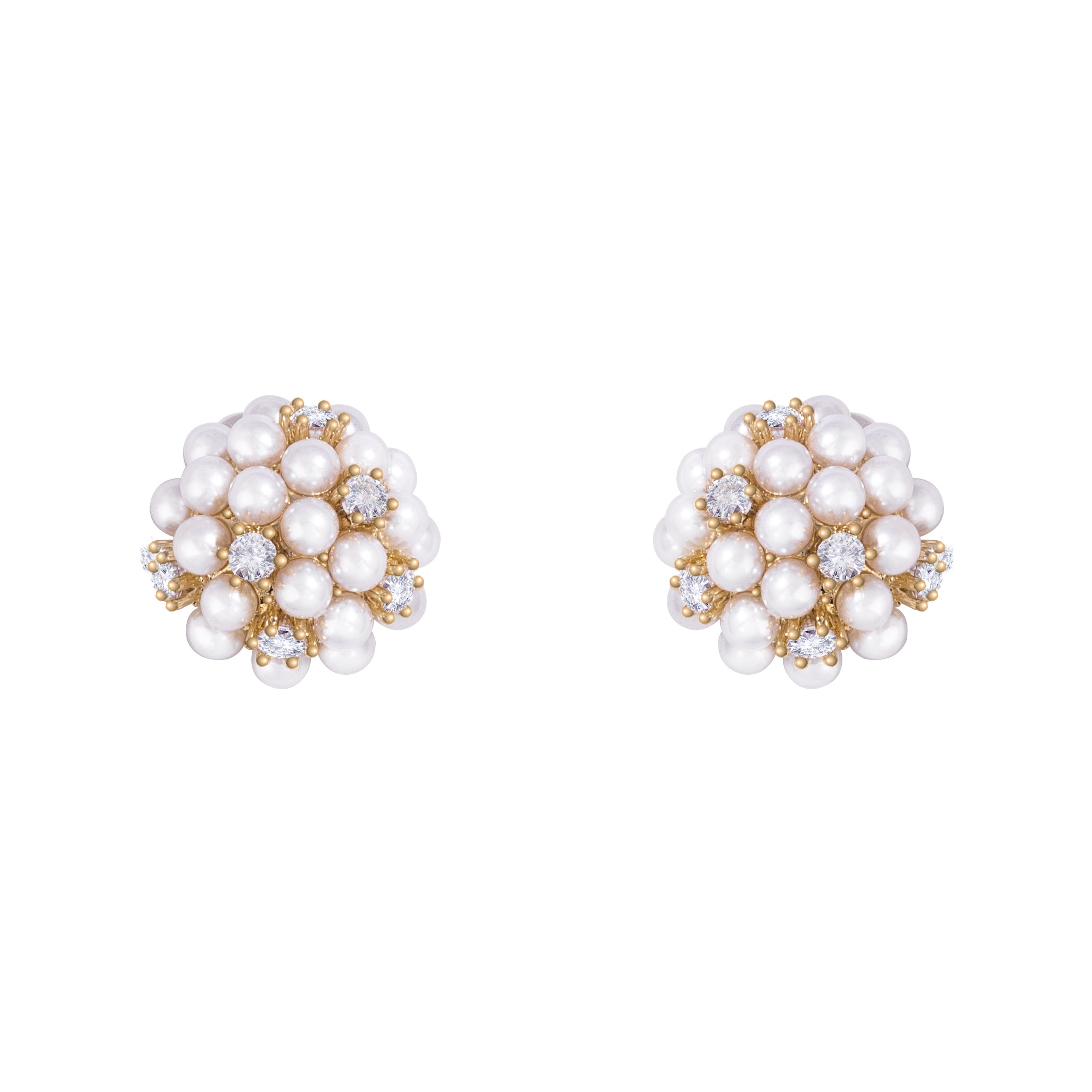 A pair of gold-plated pearl earrings with a floral pattern.
