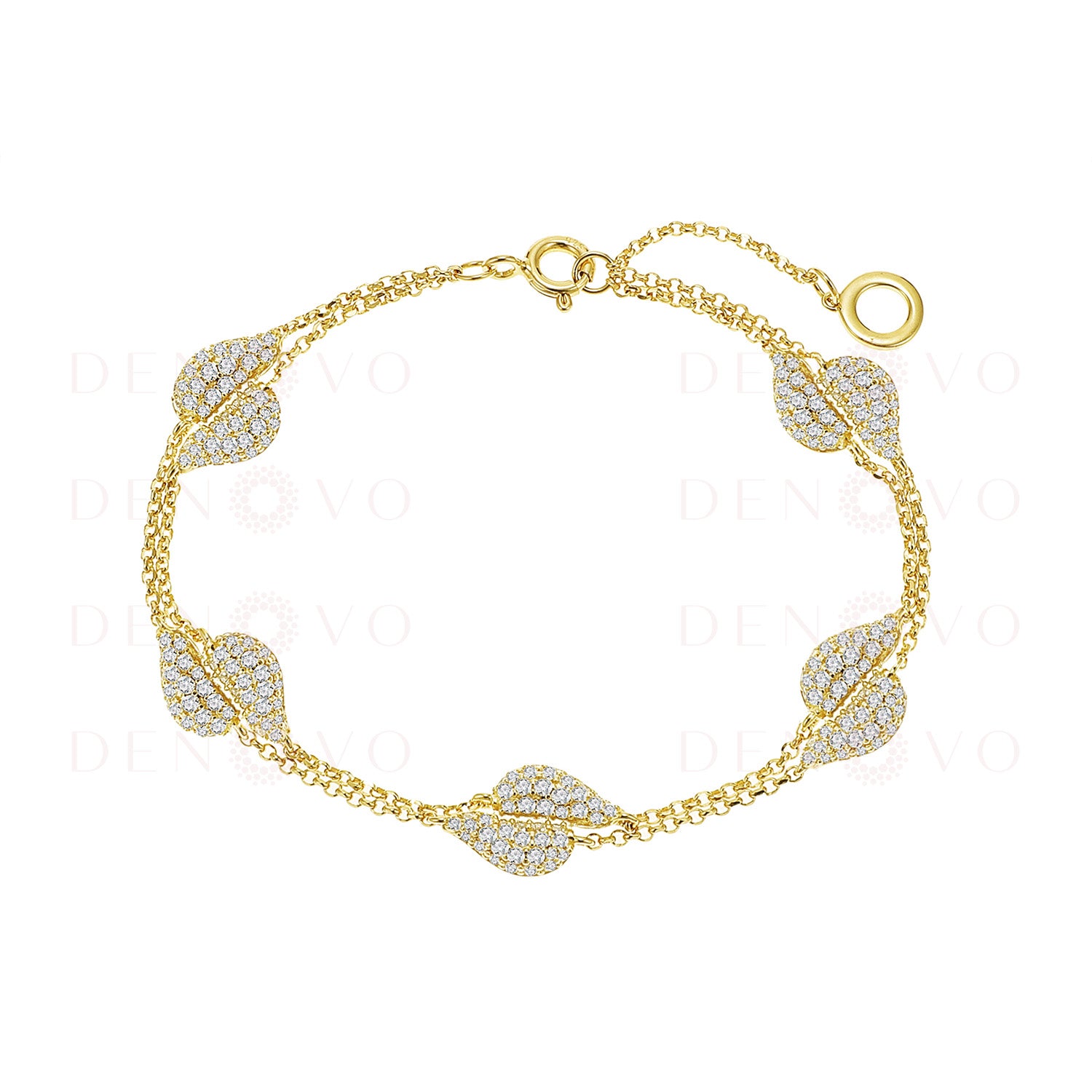 Gold bracelet with leaf-shaped diamond accents on a white background