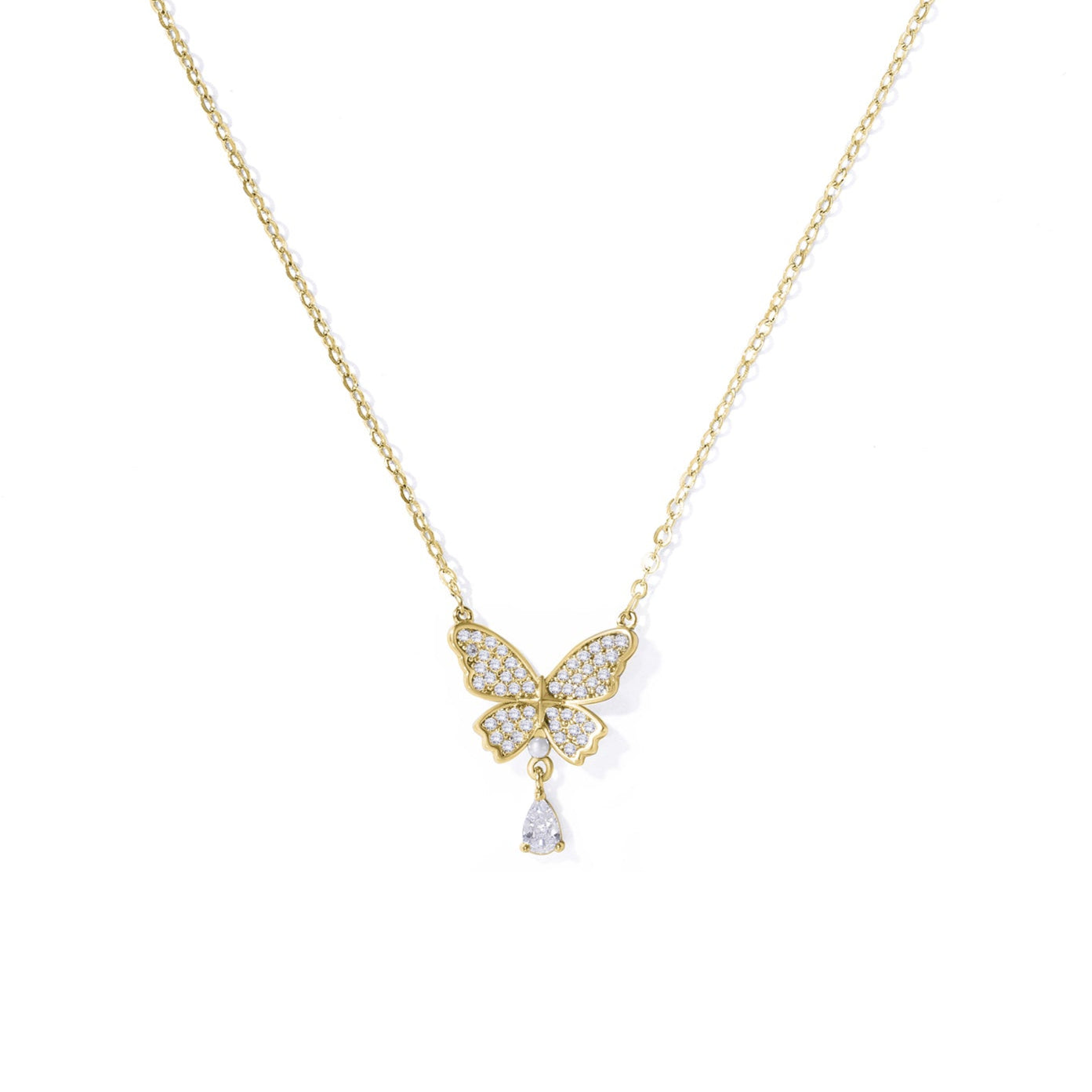 A sterling silver 925 necklace with 18K gold plating, featuring a butterfly-shaped pendant with zircon stones.