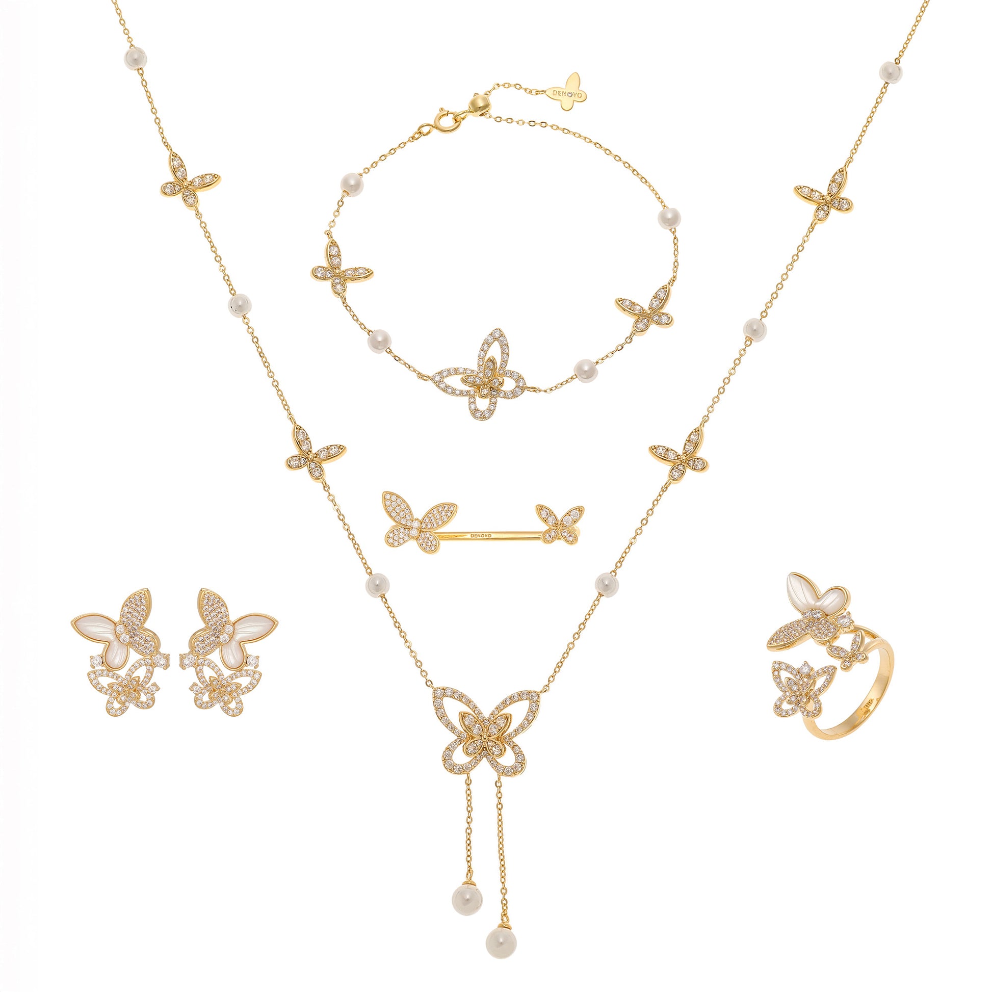 Gold butterfly-themed jewelry set including necklace, earrings, and ring on a white background