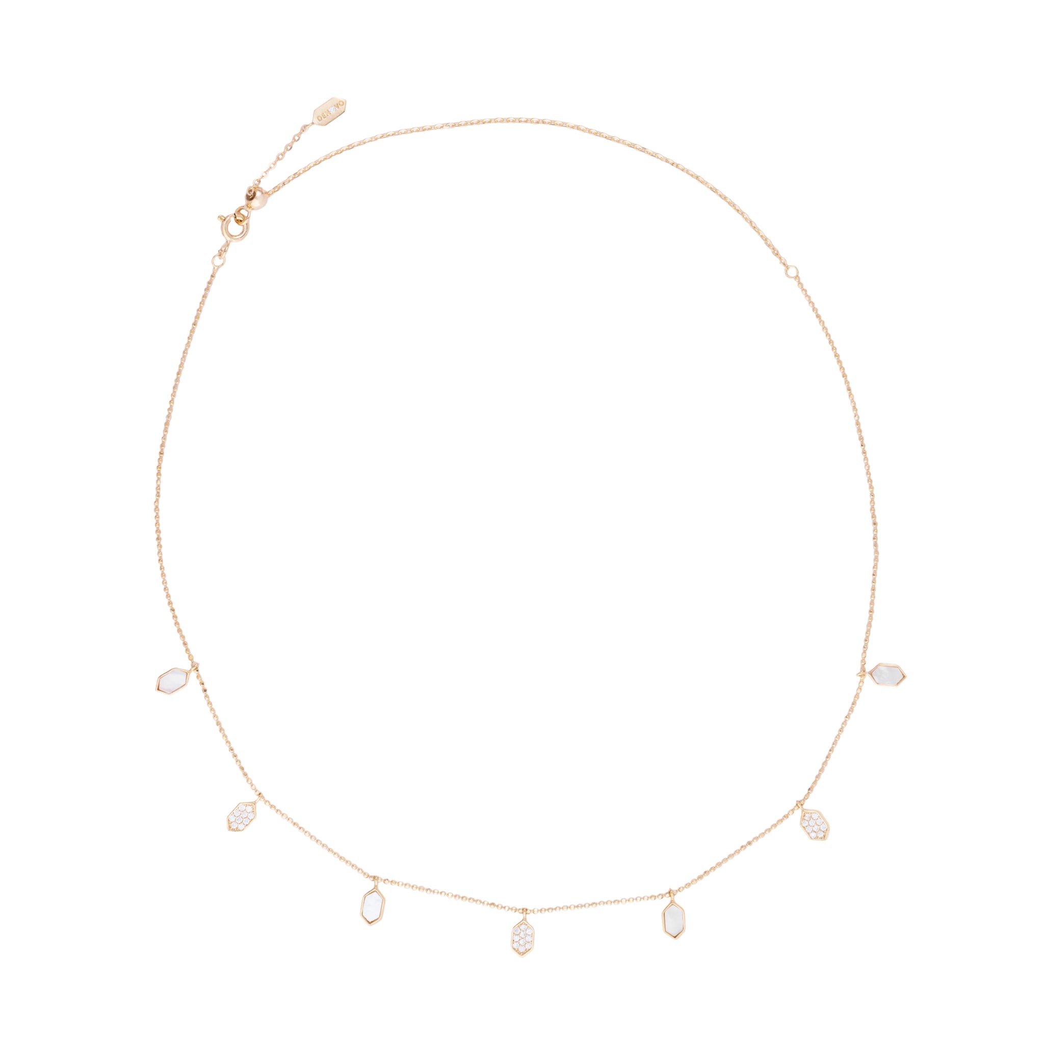 A gold-plated sterling silver choker necklace with zircon stones and a mother pearl stone.