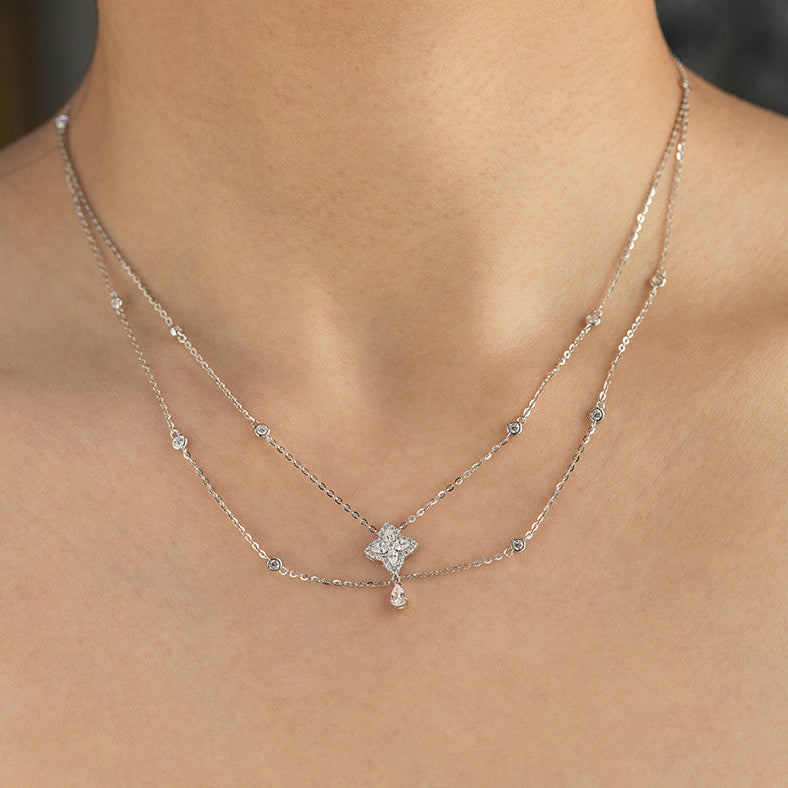 Close-up of a silver necklace with a star-shaped pendant on a person's neck.