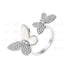 A Silver-colored ring with two butterfly designs adorned with zircon stones and mother pearl.