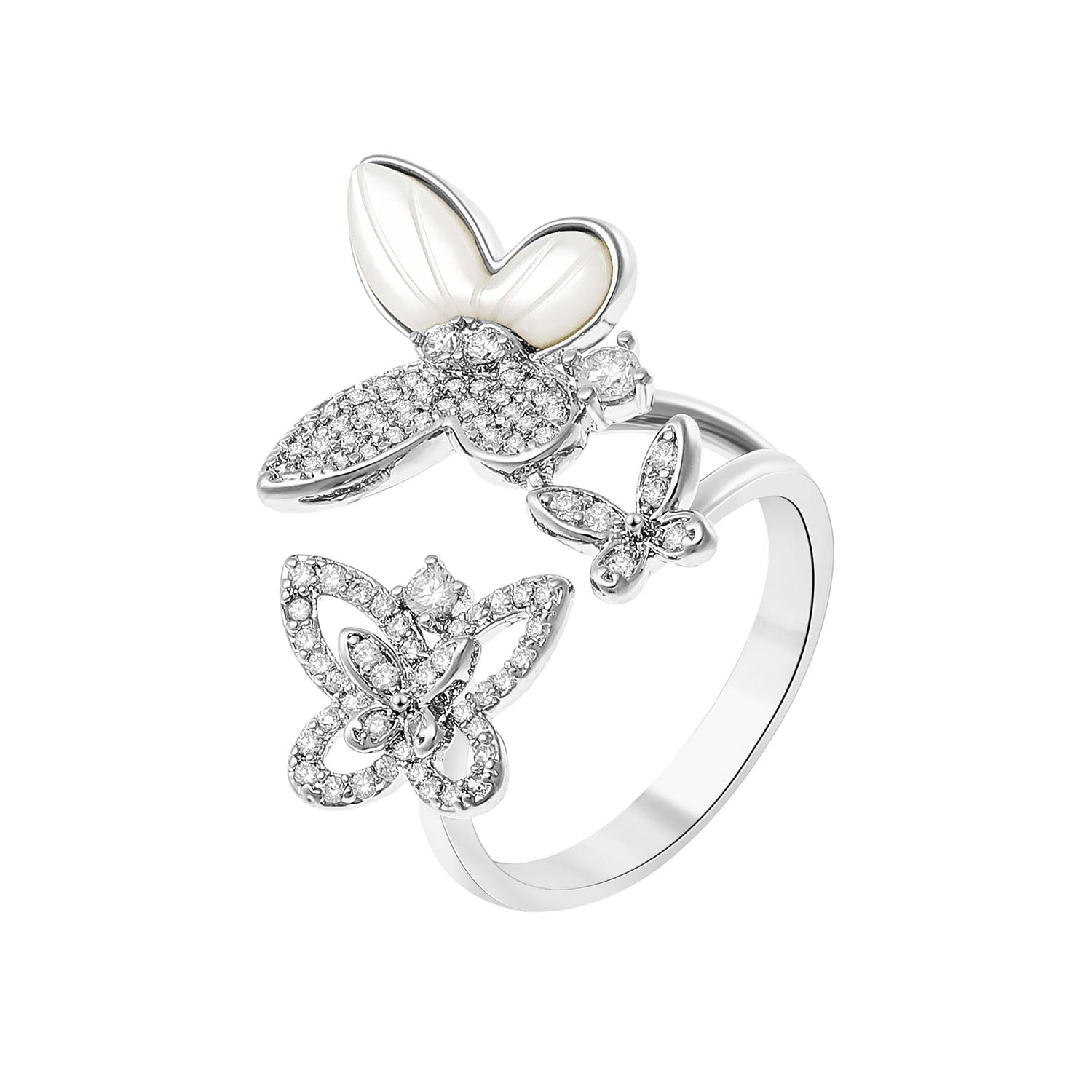 A gold-colored ring with two butterfly designs adorned with zircon stones and mother pearl