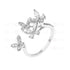 An 925 SILVER plated ring with delicate butterfly designs adorned with zircon stones, displayed against a white background.