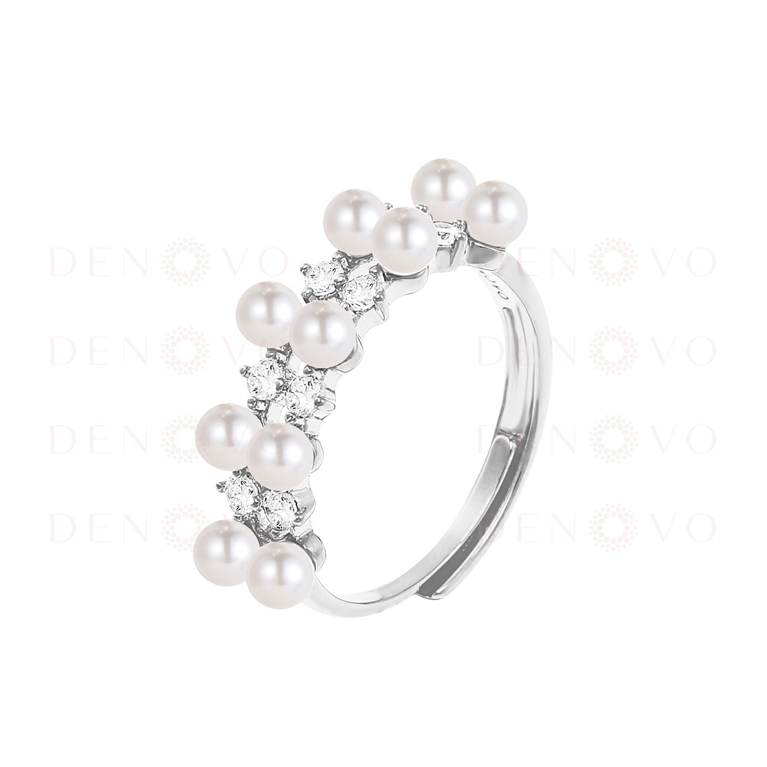 Silver ring with pearls and small diamonds on a white background