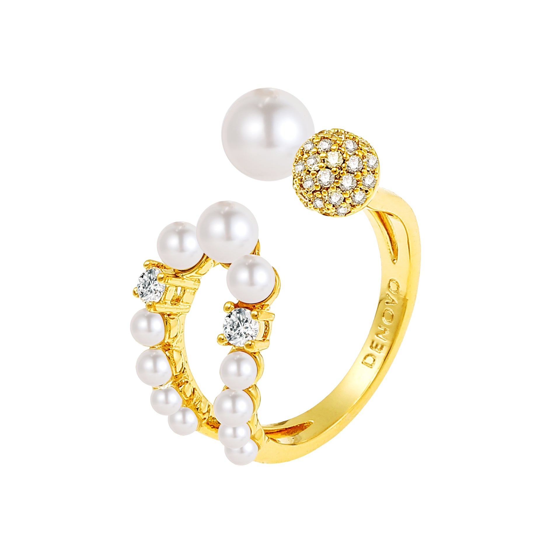 Gold ring with pearls and gemstones on a white background