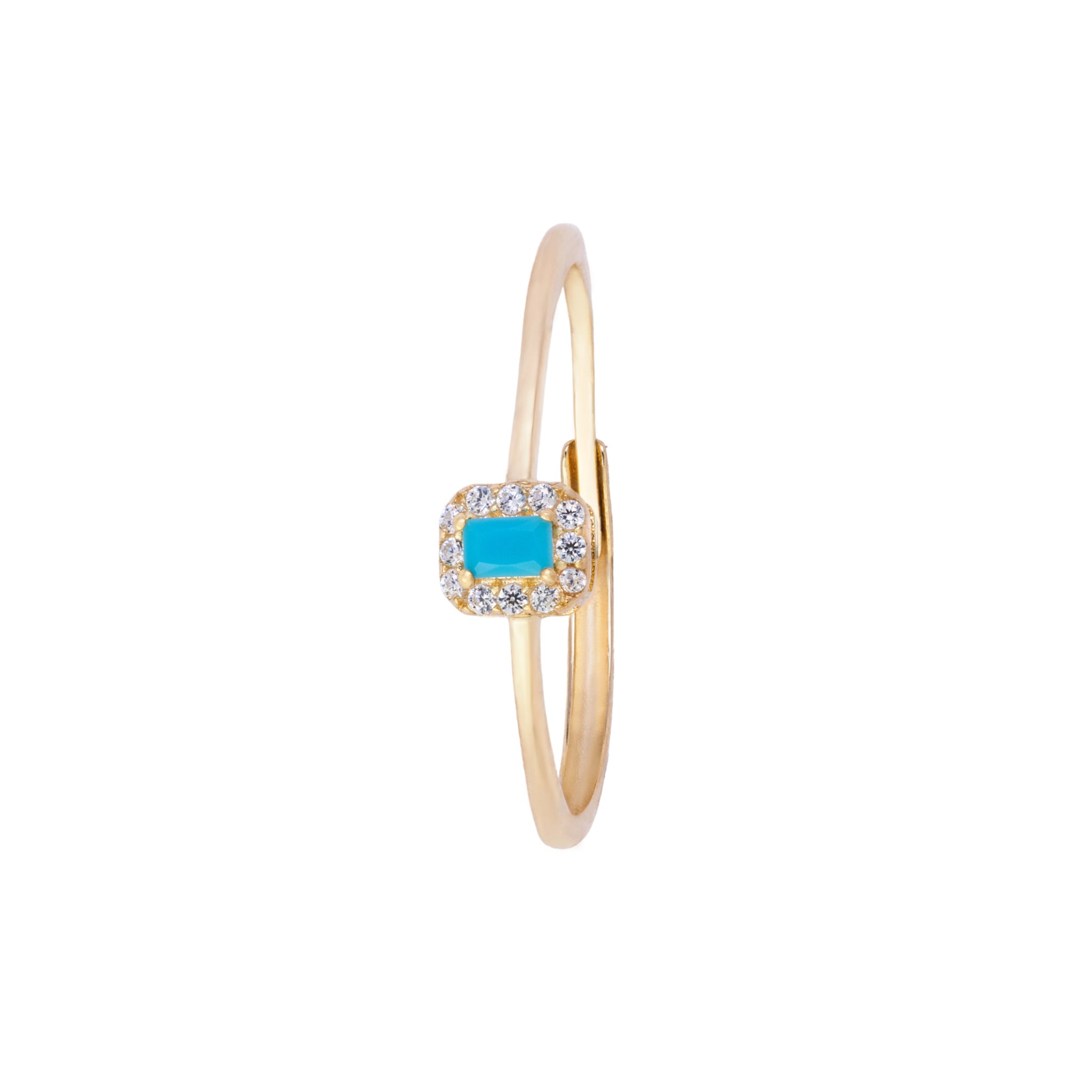A gold-plated sterling silver ring with a turquoise stone and zircon stones set within a textured band.