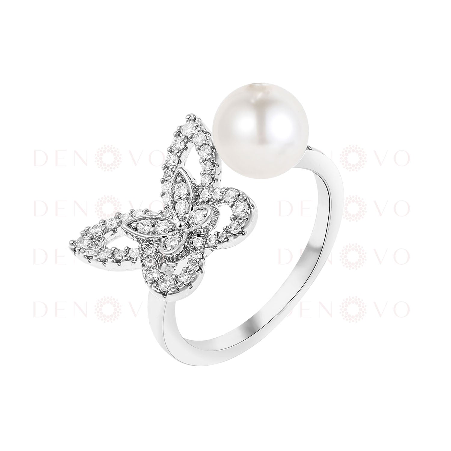 A gold-colored ring with a butterfly design adorned with zircon stones and a pearl in the center.
