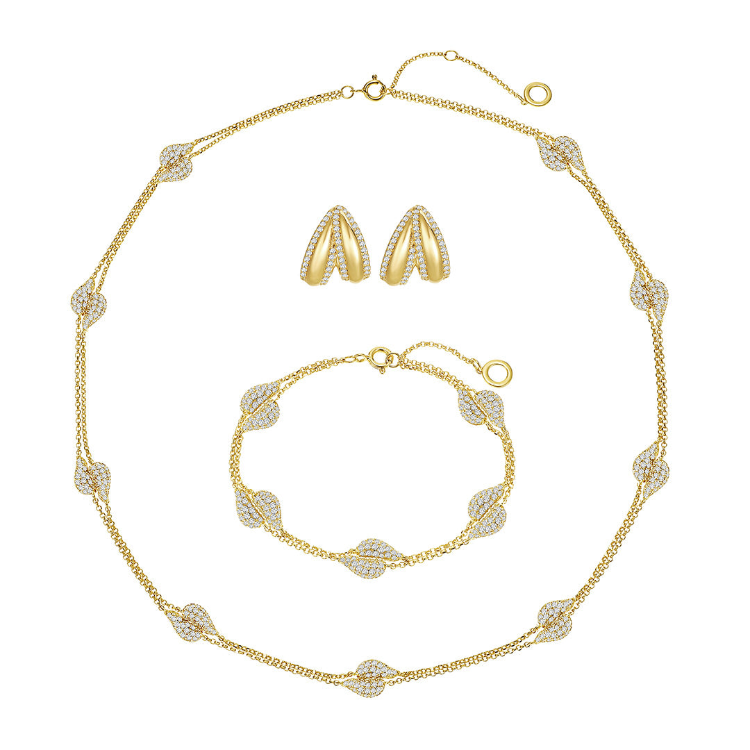 Gold jewelry set with necklace, bracelet, and earrings on a white background