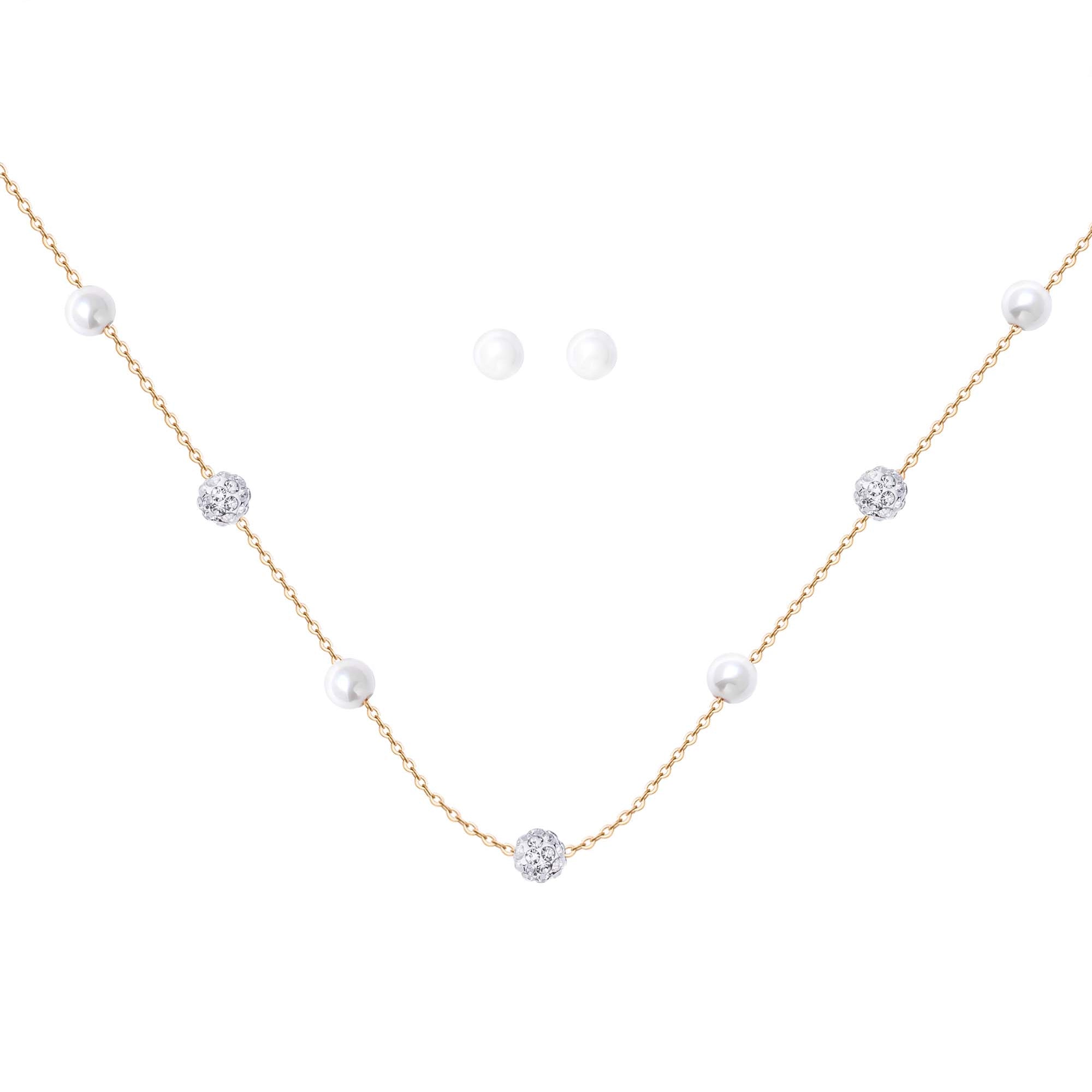 A necklace and earring set featuring silver chains, gold plating, zircon stones, and faux pearls.