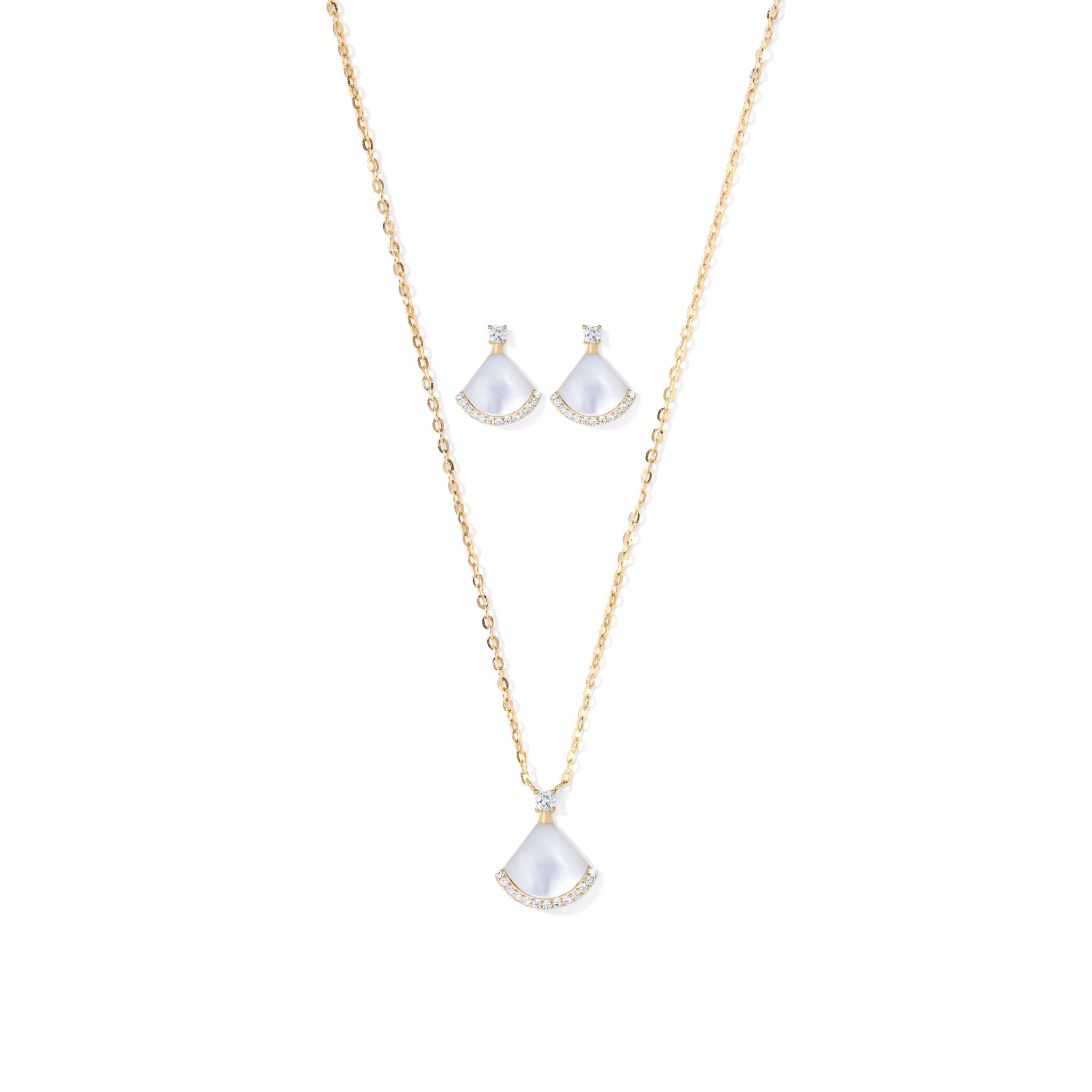 A gold-plated sterling silver necklace with zircon stones and a mother pearl stone.