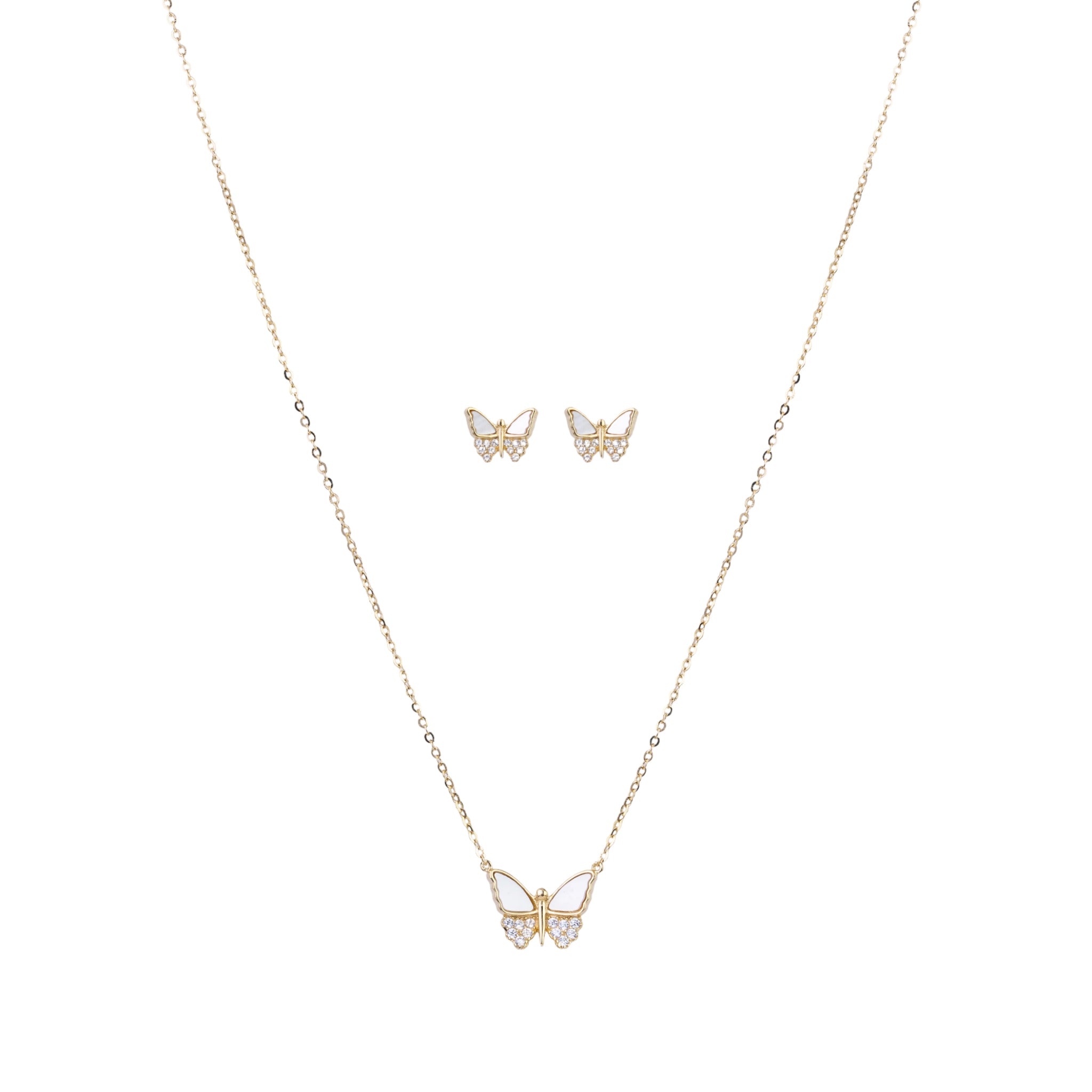 A set of butterfly-themed jewelry including a necklace and earrings with gold plating and clear zircon stones.