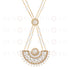 An 18K gold plated necklace with zircon stones and mother pearl stones, featuring a detailed circular design at the top and an arch-shaped pendant with zircon stones.